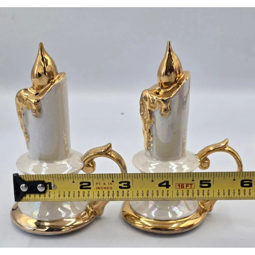 Vintage Ceramic Candle Shaped Salt & Pepper Shakers Gold Drip Accent Set of 2‎